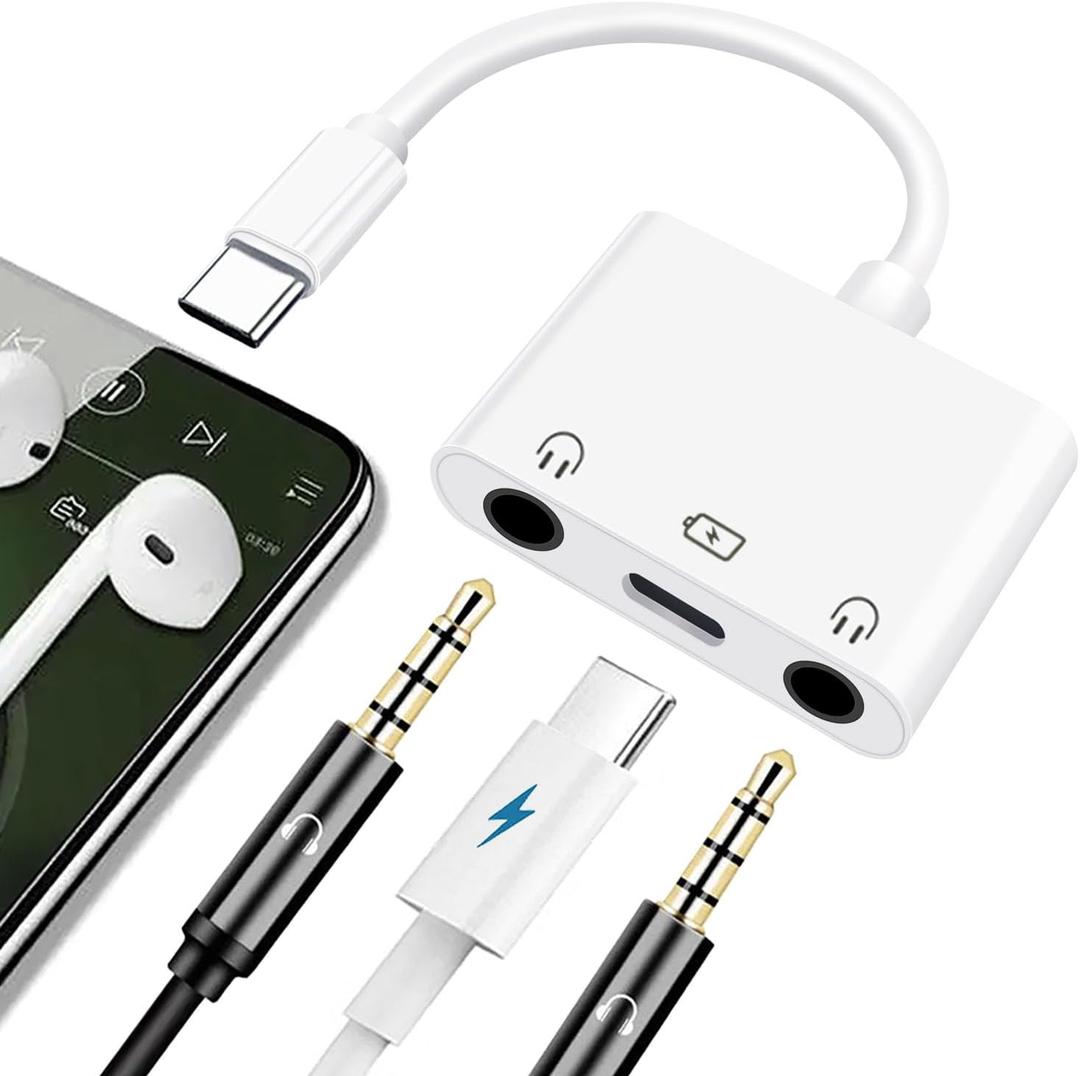 USB C to Dual 3.5mm Headphone Jack Adapter USB C to 3.5mm Audio Adapter 3 in 1 Aux to USB C Headphone Splitter and Fast Charger for iPhone 17 16 15/iPad Pro/Galaxy 25 24 23 Pixel 9 8 7 and more (White)