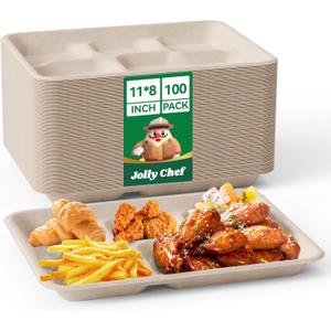 JOLLY CHEF Compostable  Compartment Paper Plates  *   [ ] Heavy Duty Natural Divided Disposable Eco-Friendly Biodegradable Containers Food Trays for Dinner Lunch Buffet (11*8in-100pack, Brown)