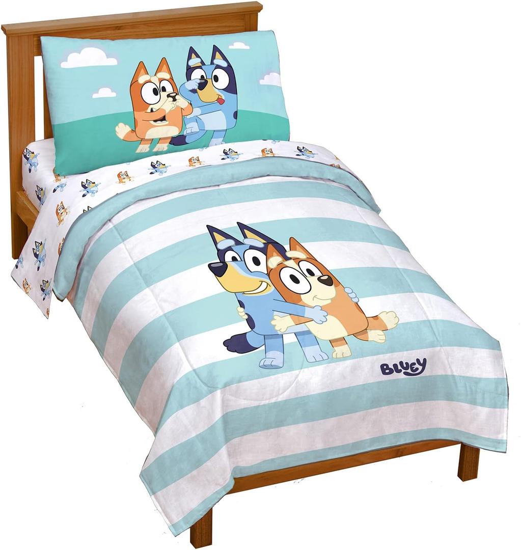 Jay Franco Bluey & Bingo (4 Piece Toddler) Bedding Set Includes Comforter, Sheets & Pillowcase, Super Soft Fade Resistant Microfiber, Official Licensed Toddler Bed Set for Boys and Girls, Blue