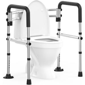 Upgraded Toilet Safety Rails 380LBS, Stainless Steel Toilet Rail Frame, Adjustable Stand Alone Toilet Support with Non-Slip Grips & Suction Cups,Tool-Free Assembly, Fits for Elderly/Disabled