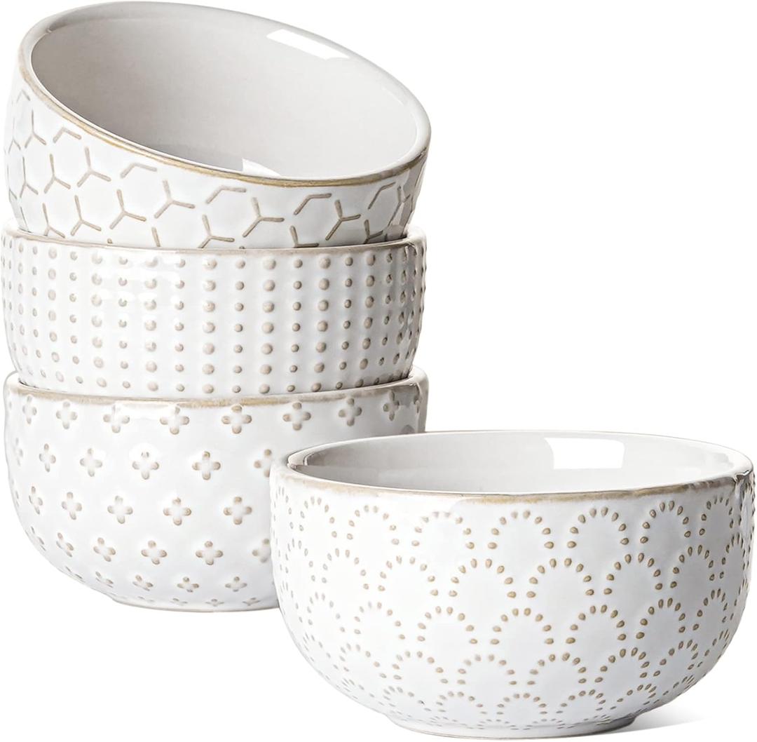 LE TAUCI 3.5 Inch Small Bowls, TINY Embossed Ceramic Dip Bowls, Sauce Dishes, Condiment Cups for Appetizers, Sushi Soy Sauce, Dessert, Ice Cream, Oven & Dishwasher Safe - Set of 4, Arctic white