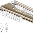 Juexica Ceiling Curtain Double Track Set 3ft-13ft/4 Meter Champagne Double Curtain Track Ceiling Mount Heavy Duty Room Divider Adjustable Length Rails with Clips Hooks End Hook