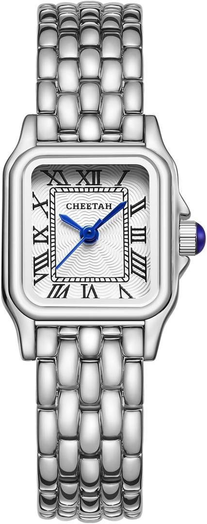 CHEETAH Gold Watches for Women with Small Vintage Bracelet, Rectangular Case Roman Dial, Silver White