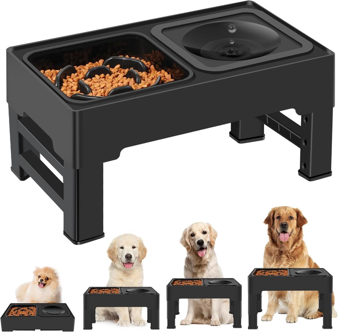 2-in-1 Elevated Slow Feeder Dog Bowls, 4 Height Adjustable Raised Dog Bowls Stand with No Spill Water Bowl, Non-Skid Pet Food Feeding Set for Small, Medium, Large Dogs Cats