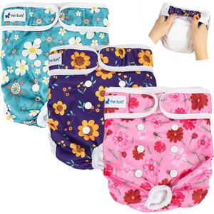 Pet Soft Washable Female Diapers (3 Pack) Female Dog Diapers, Comfort Reusable Doggy Diaper for Girl Dog in Period Heat (Cute Flower, M) (Medium:14''-19'')