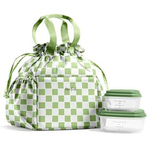 Fit & Fresh Cromwell Drawstring Lunch Bag for Women, Complete Lunch Set with 2 Containers, Stain-Resistant, Leak-Resistant, Back to School Essential, Teacher Lunchbox, Pistachio Checker Board (Green)