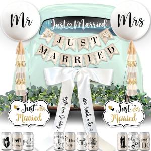 33 Pc Just Married Car Decorations Wedding Reception & Ceremony Decor Banners, Stickers & Balloons Elegant Reusable Wedding Car Kit Weather-Resistant & Easy to Apply No Residue