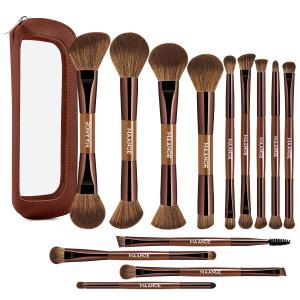 MAANGE 13 Pcs Foundation Makeup Brush Set With Bag, Make up Brushes, Double-End Multi Functional Makeup Brushes, Professional Face Brush Set Tools For Liquid Powder Concealer Cream Blush (Brown)