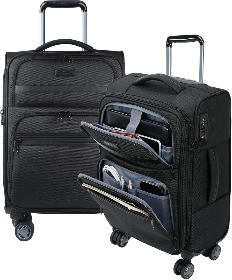 KROSER Softside Expandable Carry On Luggage with Front Business Pockets20 Inch Suitcases with Spinner Wheels & Built-in TSA Lock, Durable Suitcase Rolling Luggage with USB Port, Black