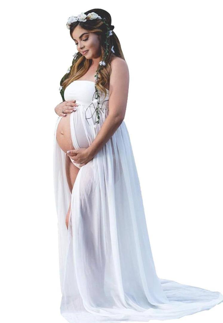 YnimioAOX Women's Off Shoulder Strapless Tube Maternity Dress for Photography Split Front Chiffon Gown for Photoshoot, S