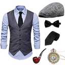 Gionforsy 1920s Mens Vest Accessories Gatsby Gangster Costume Accessories Set 20s Hat Suspenders Bow Tie Vintage Pocket Watch (Large, Gray)