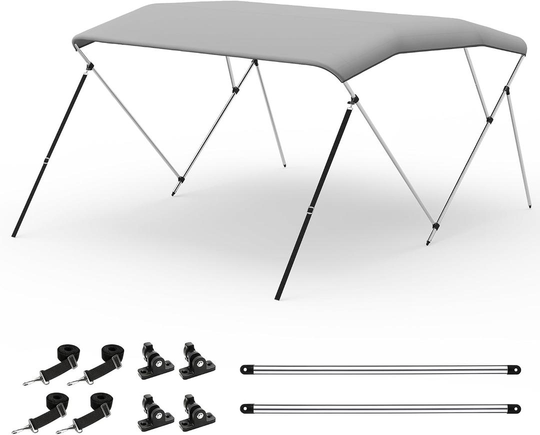 Bimini Tops for Boats, 3 Bow/4 Bow Bimini Tops, 900D Marine Grade Canvas Boat Canopy with Aluminum Alloy Frame, Waterproof UV-Resistant, Includes 4 Straps 2 Rear Support Poles