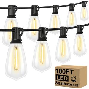 Brightever Outdoor String Lights 180FT, Patio Lights with 90+4 Dimmable ST38 Shatterproof LED Bulbs, Vintage Edison String Lights for Outside, Waterproof Bistro Lights for Halloween Backyard 2700K (180FT-Warm White, Black Wire)