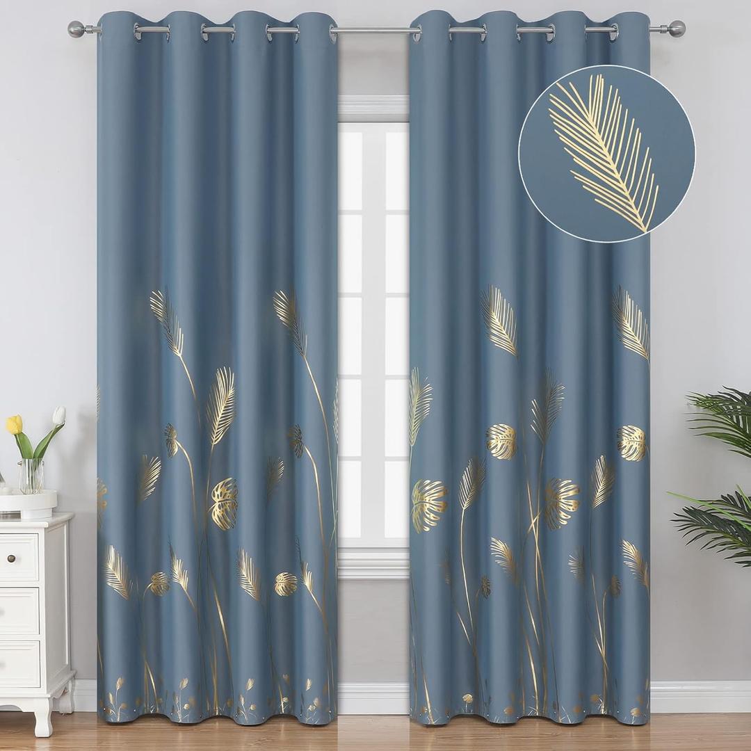 Estelar Textiler Stone Blue Blackout Curtains for Bedroom,Room Darkening Gold Palm Tree Pattern Curtains 96 Inches Long,Light Blocking Thermal Insulated Window Drapes for Living Room,52Wx96L,2 Panels