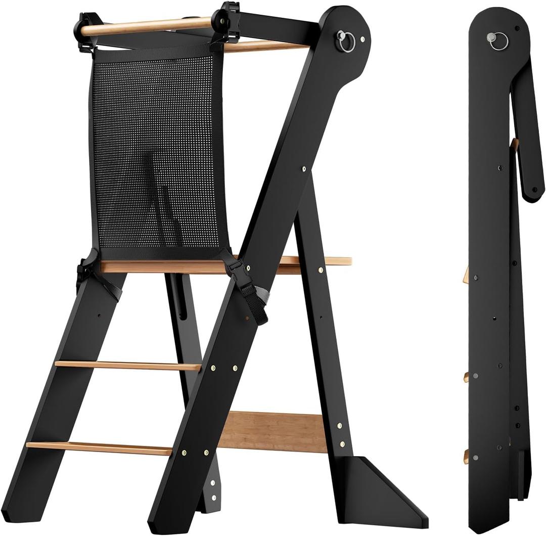 COSYLAND Foldable Toddler Standing Tower - Adjustable Height Folding Step Stool Kid Toddler Kitchen Stool for Learning and Cooking - Ages 18 Months to 6 Years with Safety Net Natural & Charcoal