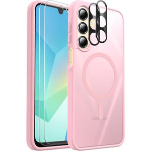 Ezanmull for Samsung Galaxy A16 5G Phone Case Magnetic Shockproof, [Fit for MagSafe] [Glass Screen Protector + Camera Lens Protector] Translucent Anti-Fingerprint (Pink)