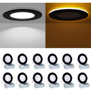 4 Inch Black Recessed Lights - with Night Light, 9W 750LM Dimmable Wafer Downlight Soffit, 2700K-6000K 5CCT Canless Recessed Light with Junction Box, 4inch 12P Black