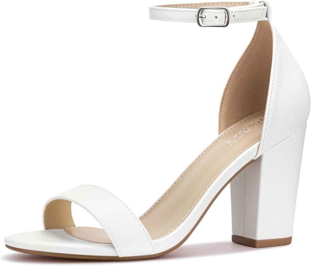 PARTY Women's Chunky Block Heels Open Toe Ankle Strap 3 Inch Heeled Sandals Comfortable for Wedding and Prom (5.5, White Pu)