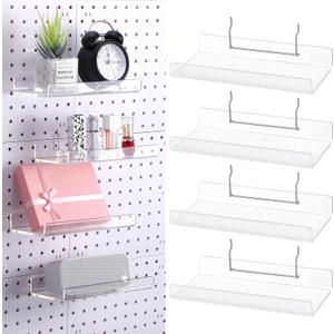 Lounsweer 4 Set Pegboard Shelf Acrylic with Metal Hooks Organizer Accessories Storage for Pegboard Display Wall Craft Room Home Garage Nursery Kitchen(Clear,8 x 4 Inch)