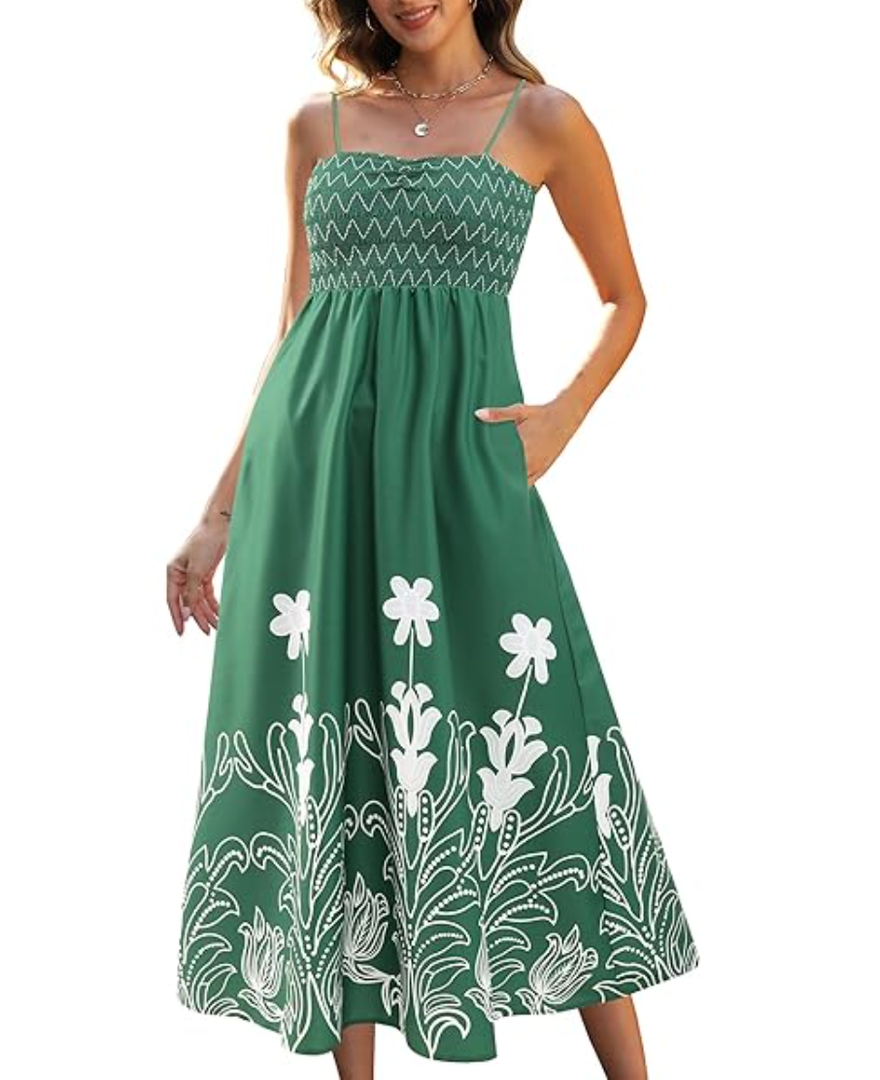 Spaghetti Strap Maxi Dress Women Smocked Midi Dresses Flower Embroidered Summer Sundress Boho Beach Vacation, Large