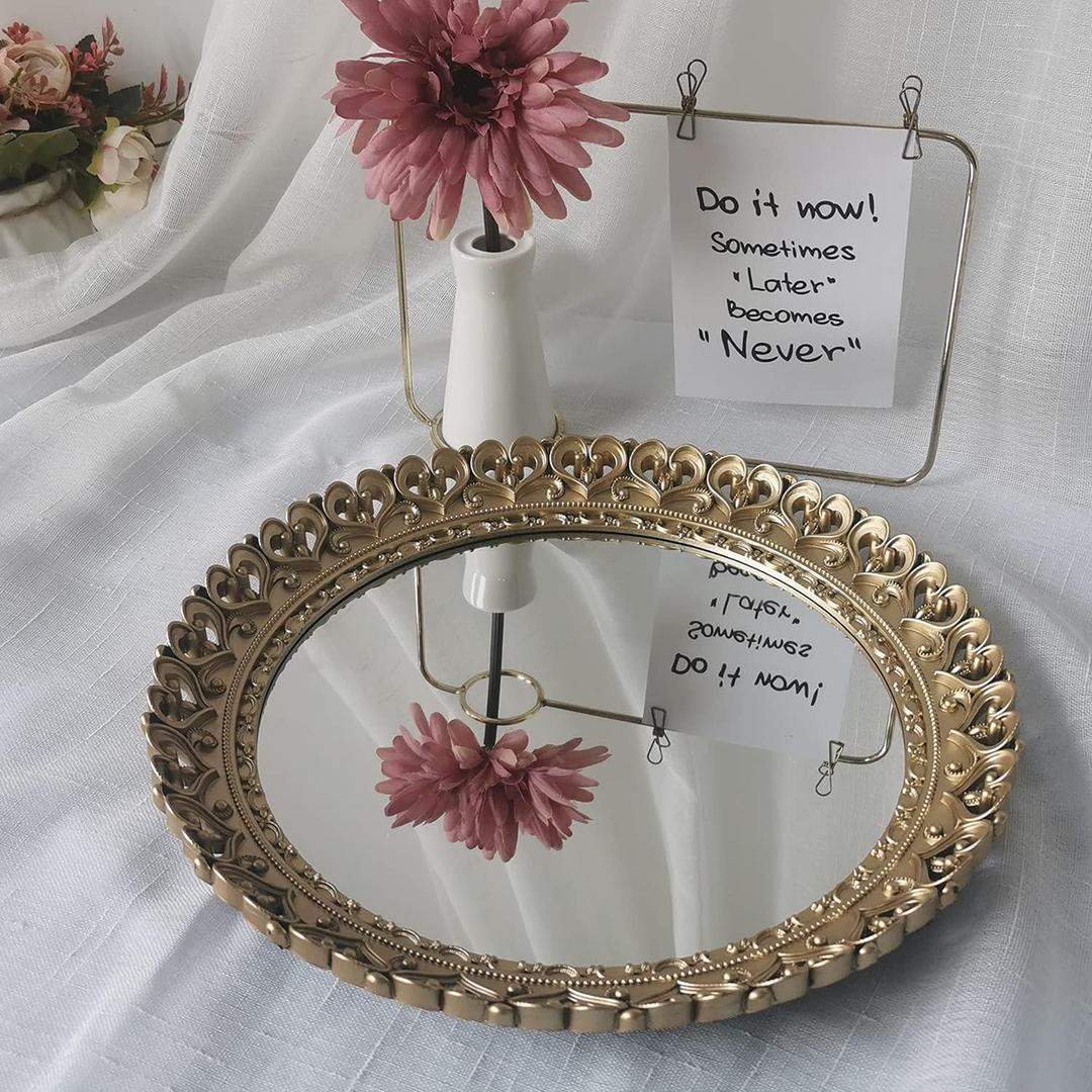 YANIZU Decorative Mirror Tray, Round Hollowed Out Design, Organizer for Makeup, Jewelry, Perfume, Vintage Display and Serving Tray for Dresser, Counter and Coffee Table, 12inchesX 12inches, Gold