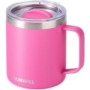 SUNWILL Insulated Coffee Mug with Lid, Travel Tumbler with Handle, 14 oz Stainless Steel Cup for Home, Office, Camping, Powder Coated Magenta