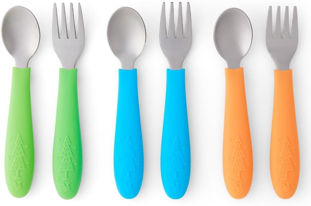 Elk and Friends Kids Silverware with Silicone Handle | Childrens Safe Flatware | Toddler Utensils | Baby Spoons + Forks | Stainless Steel Cutlery | Dishwasher Safe | 6 Pieces