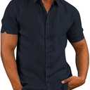 JEKAOYI Button Down Short Sleeve Linen Shirts for Men Summer Casual Cotton Spread Collar Beach Shirts
 Size XS Blue