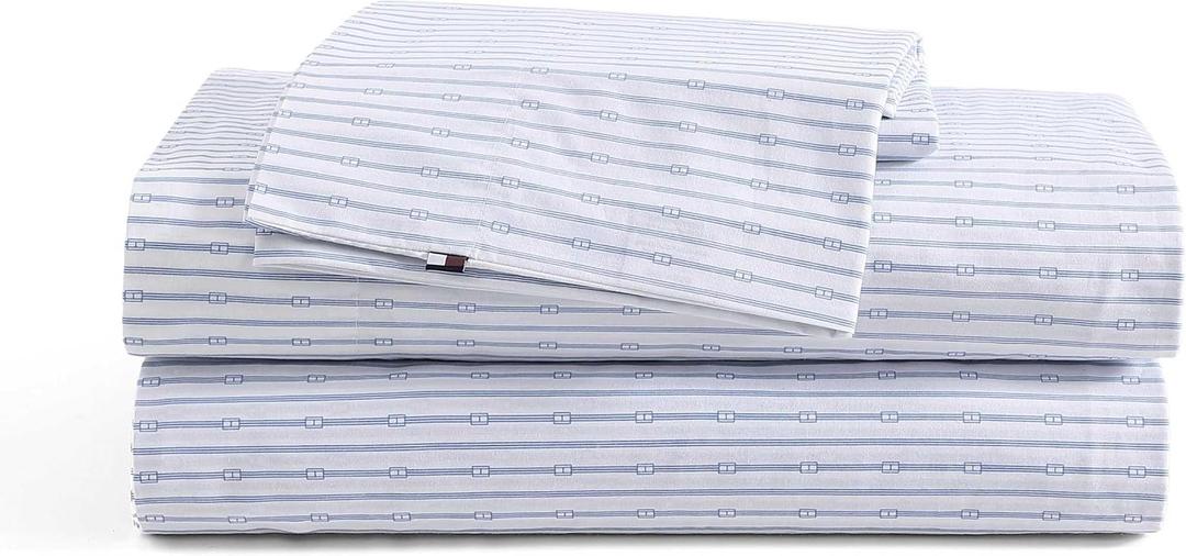 Tommy Hilfiger - King Size Sheets Set, Crisp & Tailored Cooling Sheets with a Smooth Cotton Percale Lightweight Feel - Bed Sheets with Matching Pillowcases & Fitted Sheet (Monogram Stripe Blue)