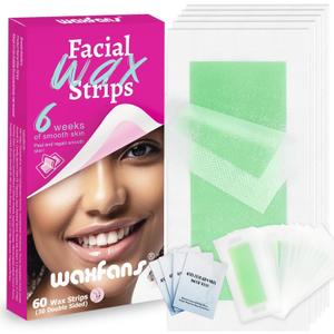 Waxfans Wax Strips for Hair Removal, 60 Counts Facial Wax Strips for Face,Eyebrow,Body,Bikini,Underarms,Legs, Easy at Home Waxing Kit for Women with 4 Oil Wipes for Sensitive Skin (Pink)