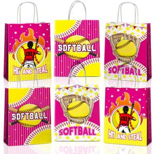JOYGATHER 24 Pcs Softball Party Favors Bags with Handles, Softball Goodie Gift Candy Treat Snack Paper Bags with 3 Different Types for Birthday Party Supplies Baby Shower Decorations