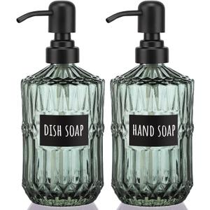 Segbeauty Glass Soap Dispenser Set, 2 Pack 15.2oz Farmhouse Kitchen Decor Stainless Steel Pump Bottles, 450ml Refillable Shower Bottle Hand Soap Dispenser for Modern Home Bathroom Western Decor Green