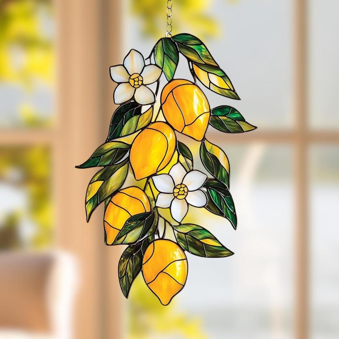 Lemon Branch Acrylic Suncatcher Stained Glass Effect Window Car Hanging Christmas Ornament Indoor Outdoor Decor Garden Sun Catcher Panel Gifts for Fruit Lover for Women Mom Grandma (6", As-scc01-j102240-q)