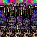 228 Pack Glow Neon Party Supplies Glow in The Dark Party Decorations BlackLight Party Tableware Set - Plates, Black Light Banners, Fluorescent Balloons, Graffiti Tablecloth, Garland, Napkins Serves 20