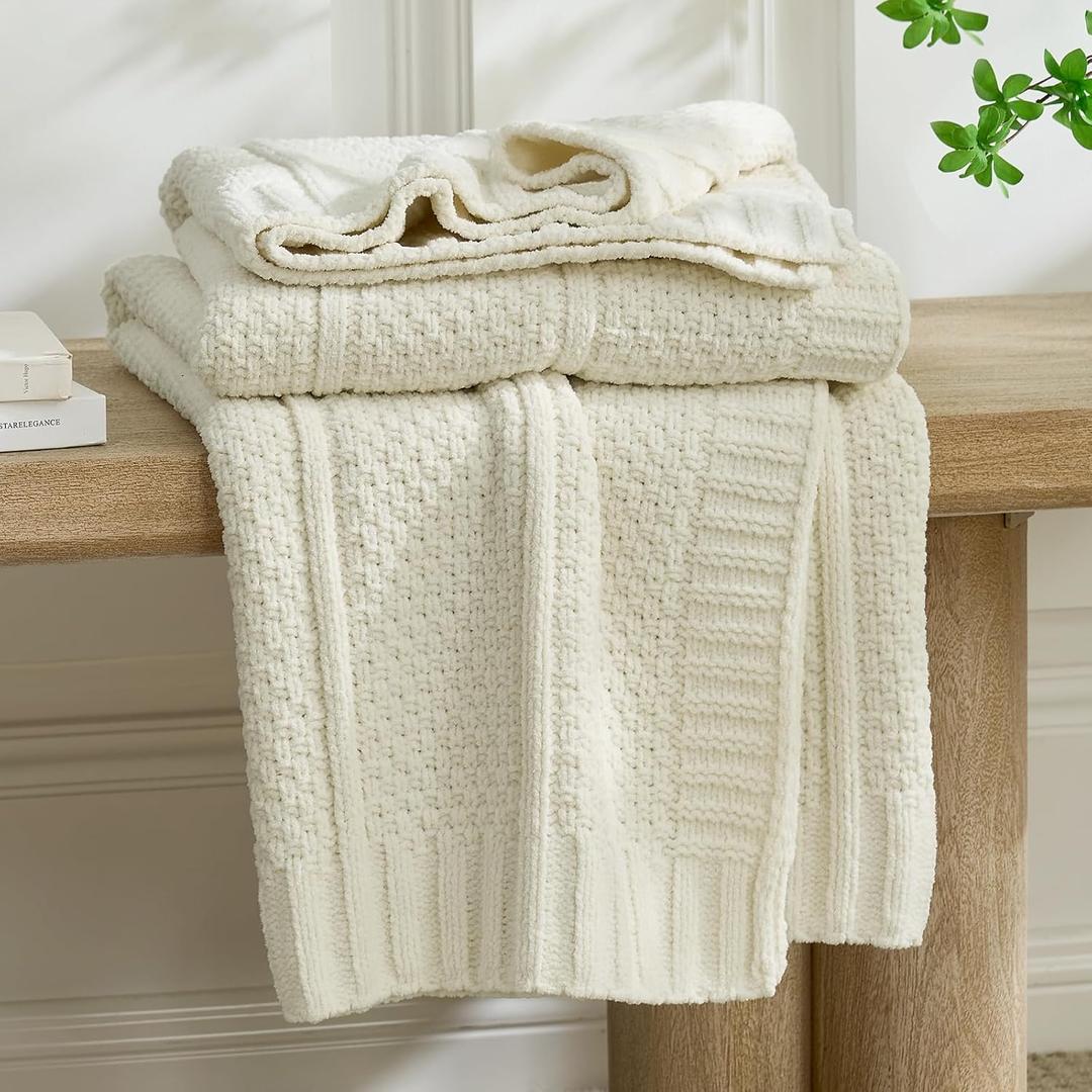 Amlie Home Premium Chenille Throw Blanket, Soft Cozy Moss Stitch Knit Blanket for Couch, Sofa, Chair, Home Decor, Cream White 50"x60"