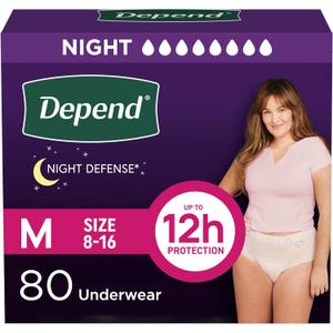 Depend Night Defense Adult Diapers, Incontinence & Postpartum Bladder Leak Underwear for Women, Disposable, Overnight, Medium, Blush, 80 Count, Packaging May Vary
