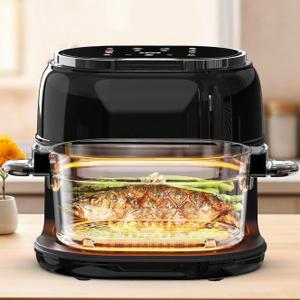 6.5QT Visible Glass Air Fryer, 8-in-1 Long Tray Design with 360 Viewing Window, Digital Touchscreen, Fries, Cake, Defrost, Chicken Wings, Dishwasher Safe, Oil-Less Oven, Black 