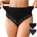 OLIKEME Womens High Waisted Underwear Cotton Bikini Panties Sexy Lace Hispter No Show Soft Stretch Cheeky Panties 3 Pack, XL