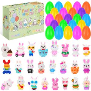 24 Pcs Easter Eggs Filled with Bunny Figurines SetPrefilled Easter Egg Party FavorsEaster Bunny Figurines Basket Stuffers Fillers, Party Favors and Classroom Prize Supplies