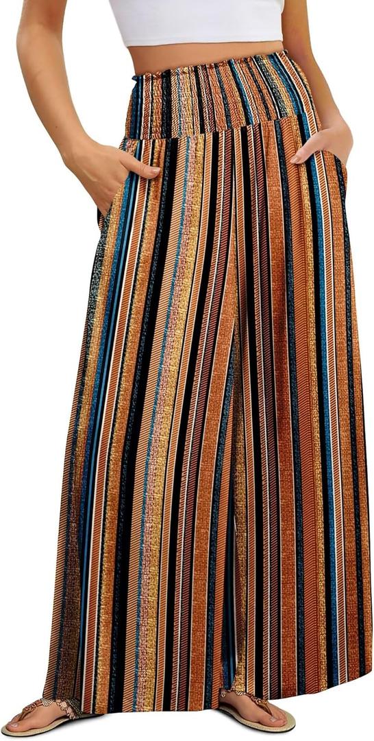 KISSMODA Women Palazzo Pants Summer Boho Bagyy Wide Leg High Smocked Waist Flowy Beach Casual Trousers with Pockets (X-Large, B Brown Orange Stripe)