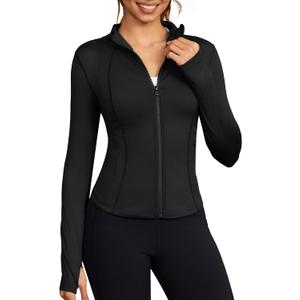 Bosmeer Workout Jackets for Women Lightweight Zip Up Slim Fit Yoga Sportwear Stretchy Crooped Running Jacket with Thumb Holes, Black Size L