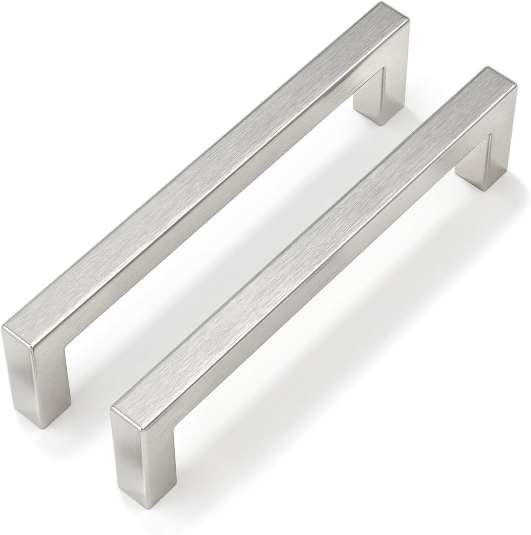 goldenwarm 10 Pack 5 Inch Brushed Nickel Cabinet Pulls Square Drawer Handles Silver Kitchen Hardware Cupboard Dresser (5in(128mm) hole centers)