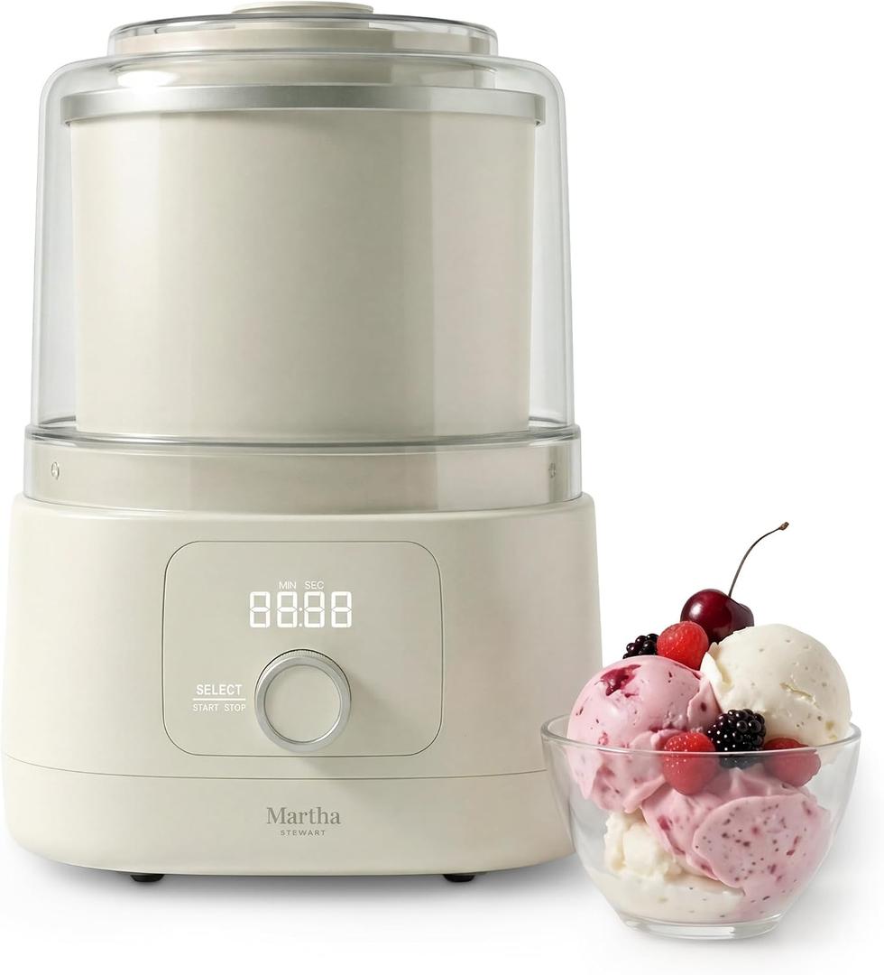 Martha Stewart Ice Cream Maker, 2 Quart Double-Insulated Freezer Bowl, Sorbet & Frozen Yogurt, Ready in 20 Minutes, Mix-Ins Chute, Easy to Clean, Linen Cream