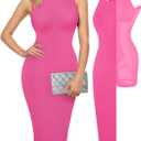 Popilush Women's Bodycon Dress Ruched Sleeveless Slimming Shapewear Casual Club Evening Party Cocktail Midi Fall Dresses (Pink, XL)