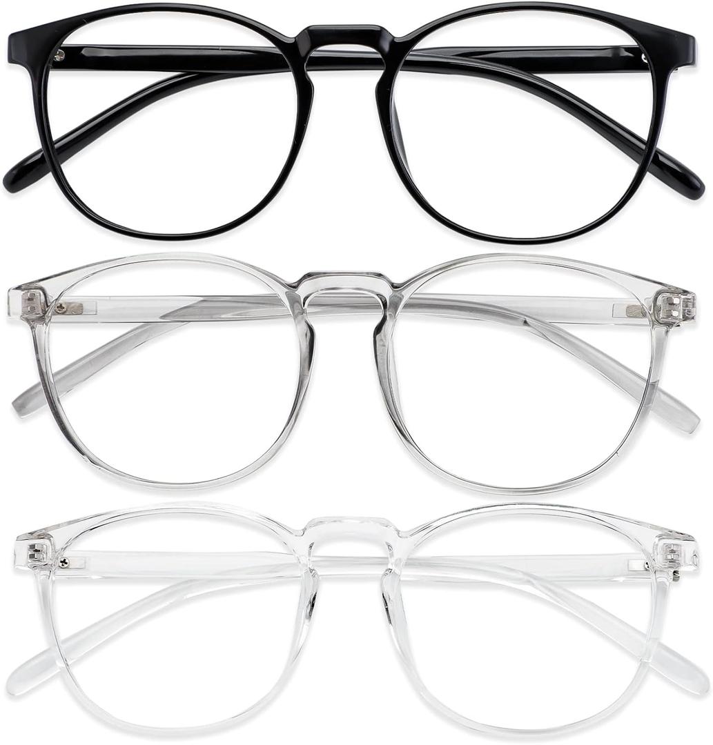 Przene 3 Pack Blue Light Blocking Glasses Women/Men, Retro Round Computer Glasses Anti Eye Strain/UV/Glare, Gaming Glasses. (Black/Crystal/Grey)