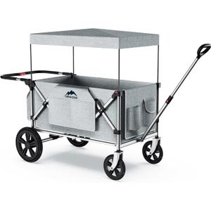 Foldable Wagons for Two Kids & Cargo, with 5-Point Harnesses,Adjustable Push/Pull Handle, Removable Sun Canopy, One-Step Locking Design, Suitable for Family Travel, Two Children Ride, Black (Silver)