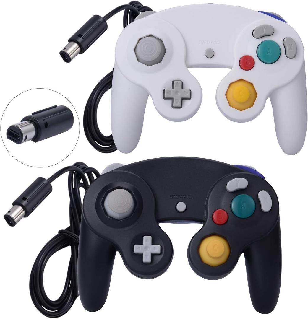 ONE250 2 Pack Classic Shock Joypad Wired Controller, Compatible with Wii NGC Gamecube Game Cube (Black & White)