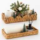 2 Pack Scalloped Toilet Tank Tray Topper Basket and Vanity Set 14.96x6.3 and 11.81x5.12 in Water Hyacinth Scalloped Decorative Vanity Tray Storage Countertop Bin for Paper Hand Towel Bathroom Spa