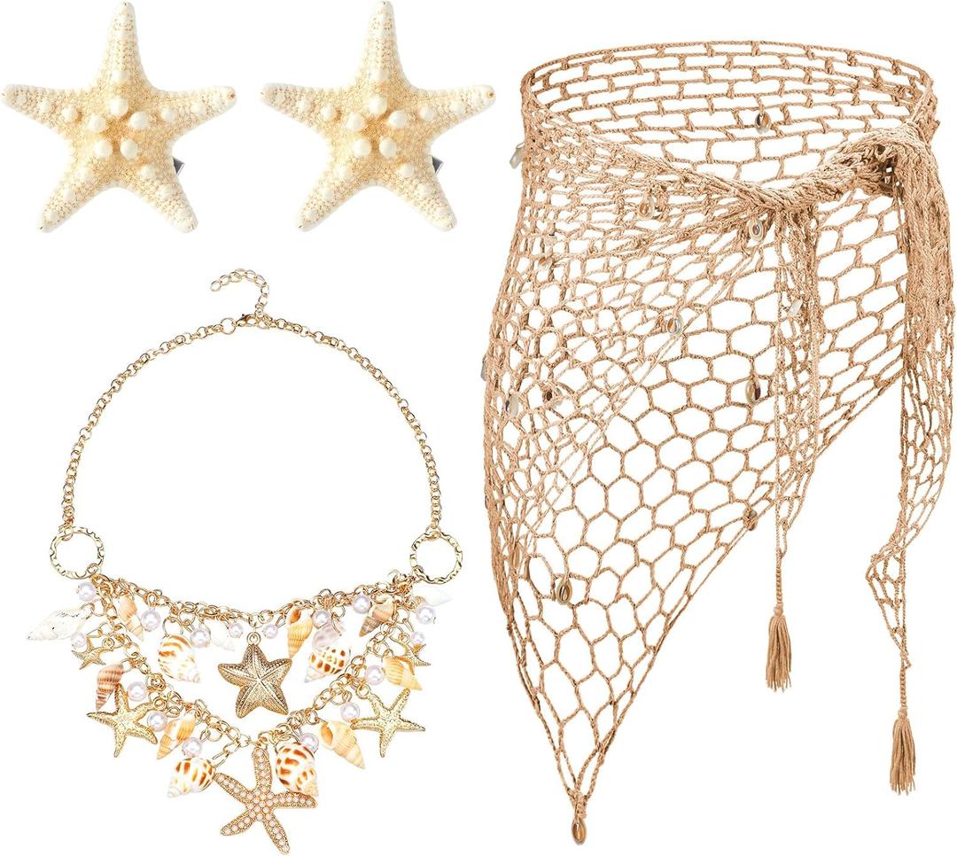 4 Pcs Mermaid Costume for Women Mermaid Crochet Skirt Swimwear Cover up Beach Necklace Starfish Hair Clip (Gold)