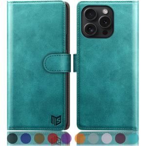 SUANPOT Compatible with iPhone 16 Pro 6.3" Wallet case with RFID Blocking Credit Card Holder,Flip Book PU Leather Protective Cover Women Men for Apple 16 Pro Phone case Blue Green